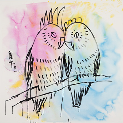 Two birds sitting on a branch with pink and blue shading
